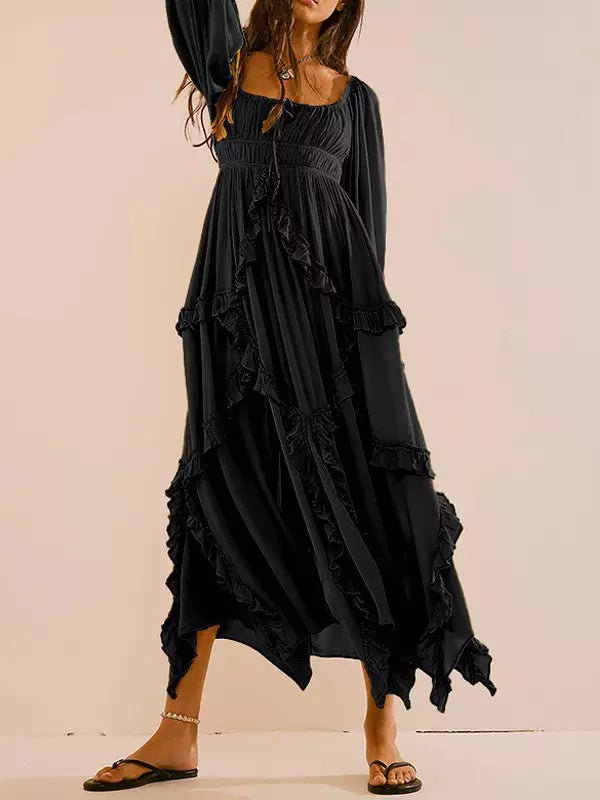 Ruffle Slit Three-quarter Sleeves Vacation Long Maxi Boho Dress