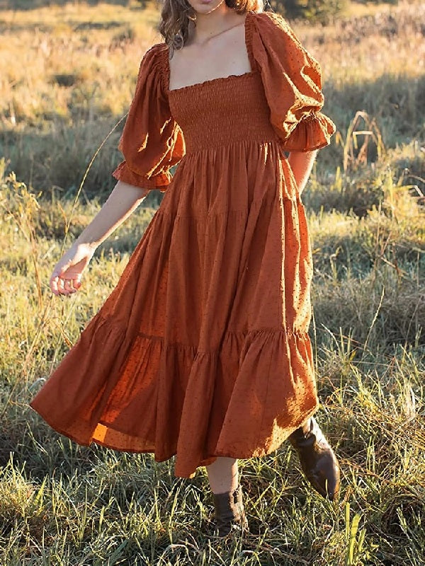 Ruffle Square Neck Puff Sleeve Beach Party Dress
