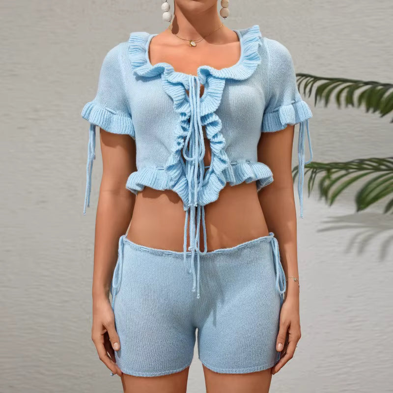 Ruffle Tie Waistless Short Sleeve Top Elegant Beach Vacation Shorts Two Piece Set