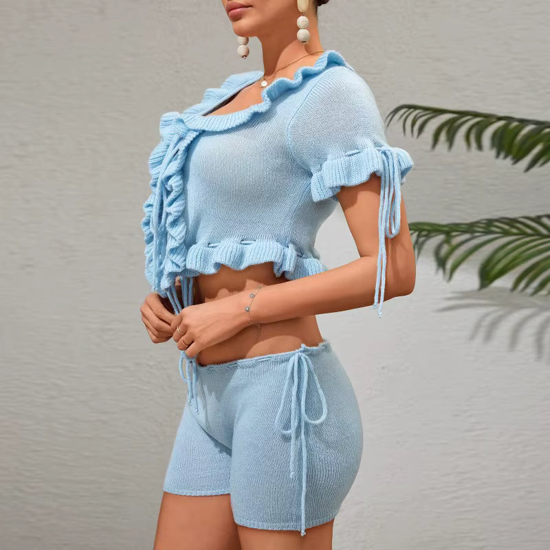 Ruffle Tie Waistless Short Sleeve Top Elegant Beach Vacation Shorts Two Piece Set