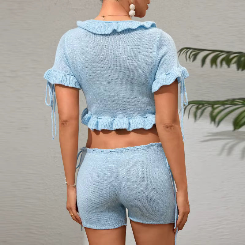 Ruffle Tie Waistless Short Sleeve Top Elegant Beach Vacation Shorts Two Piece Set