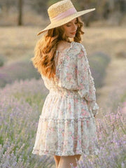 Ruffle V Neck Long Sleeve Floral Mini Dress