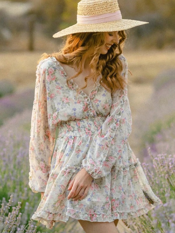 Ruffle V Neck Long Sleeve Floral Mini Dress
