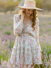 Ruffle V Neck Long Sleeve Floral Mini Dress