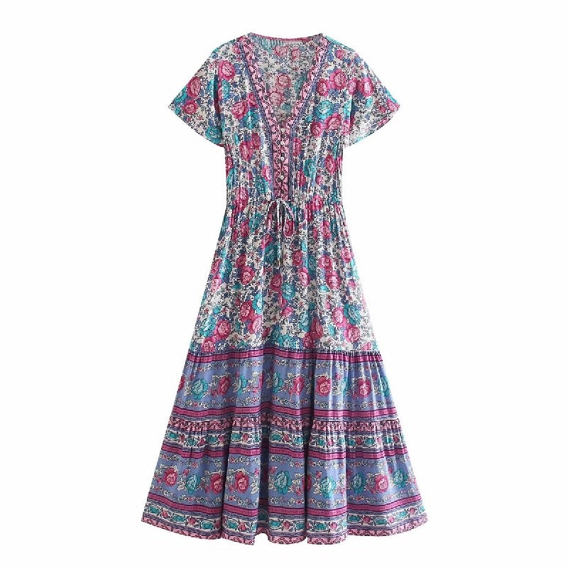 Ruffle V-Neck Short Sleeve High Waist Casual Maxi Dress