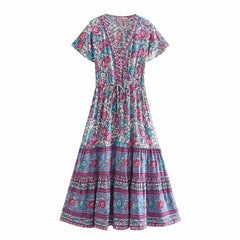 Ruffle V-Neck Short Sleeve High Waist Casual Maxi Dress