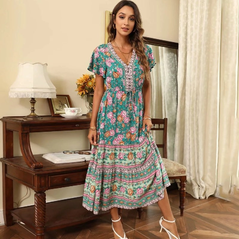 Ruffle V-Neck Short Sleeve High Waist Casual Maxi Dress