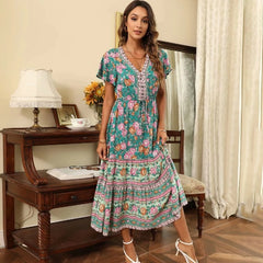 Ruffle V-Neck Short Sleeve High Waist Casual Maxi Dress