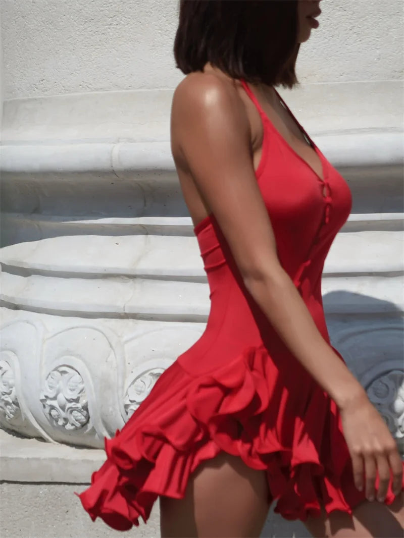 Ruffle V Neck Sleeveless Backless High Waist A-line Club Party Dresses