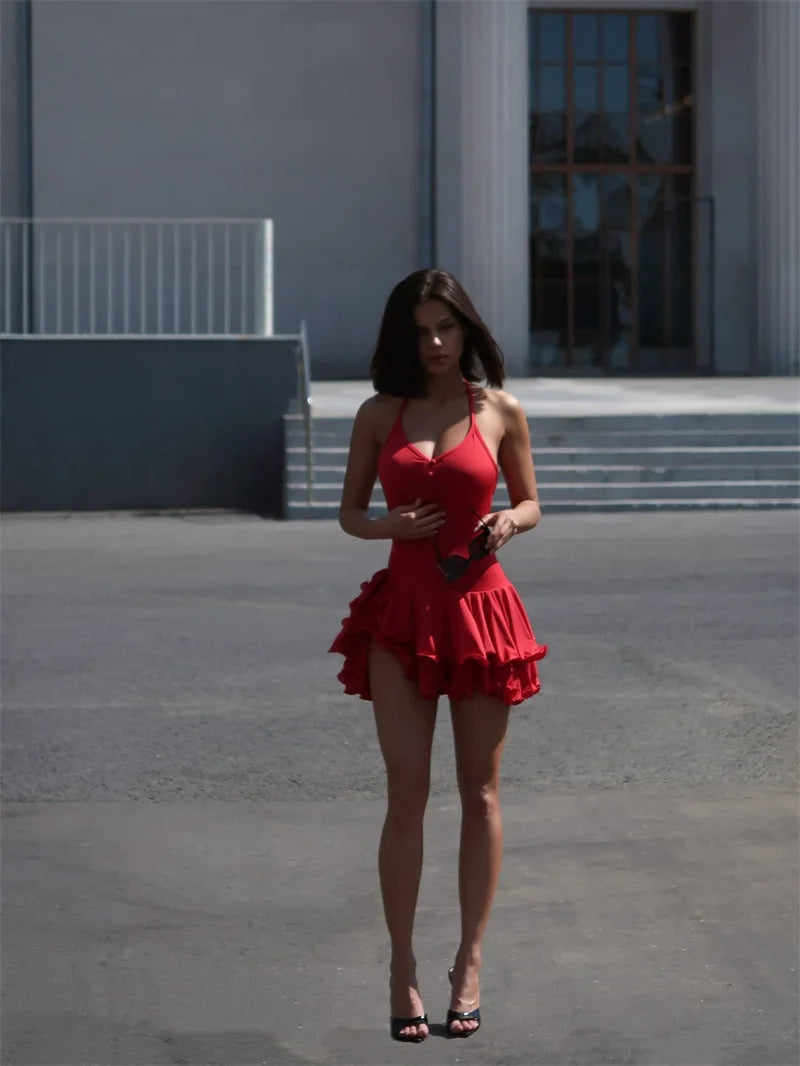 Ruffle V Neck Sleeveless Backless High Waist A-line Club Party Dresses