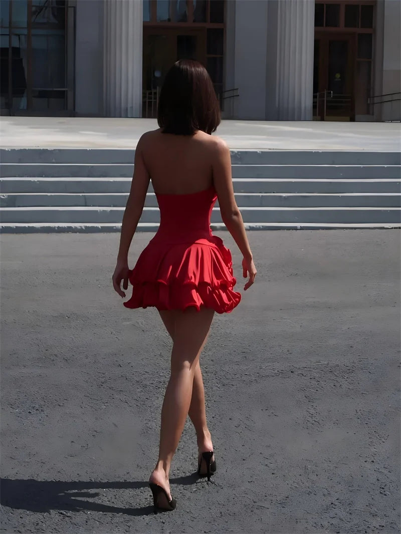 Ruffle V Neck Sleeveless Backless High Waist A-line Club Party Dresses