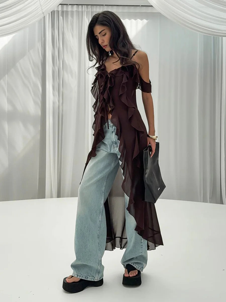 Ruffle V-neck Irregular Mesh See Through Sleeveless Chic Mid-length Dress