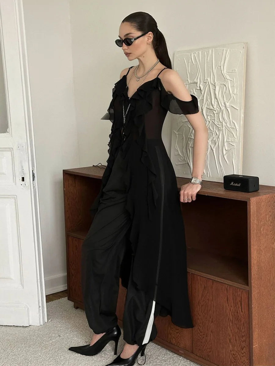 Ruffle V-neck Irregular Mesh See Through Sleeveless Chic Mid-length Dress