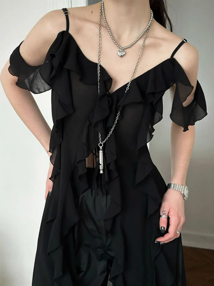 Ruffle V-neck Irregular Mesh See Through Sleeveless Chic Mid-length Dress