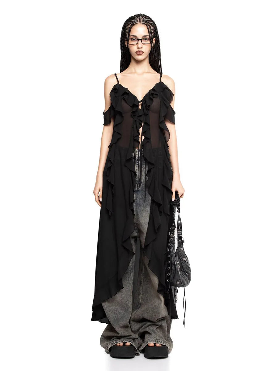 Ruffle V-neck Irregular Mesh See Through Sleeveless Chic Mid-length Dress