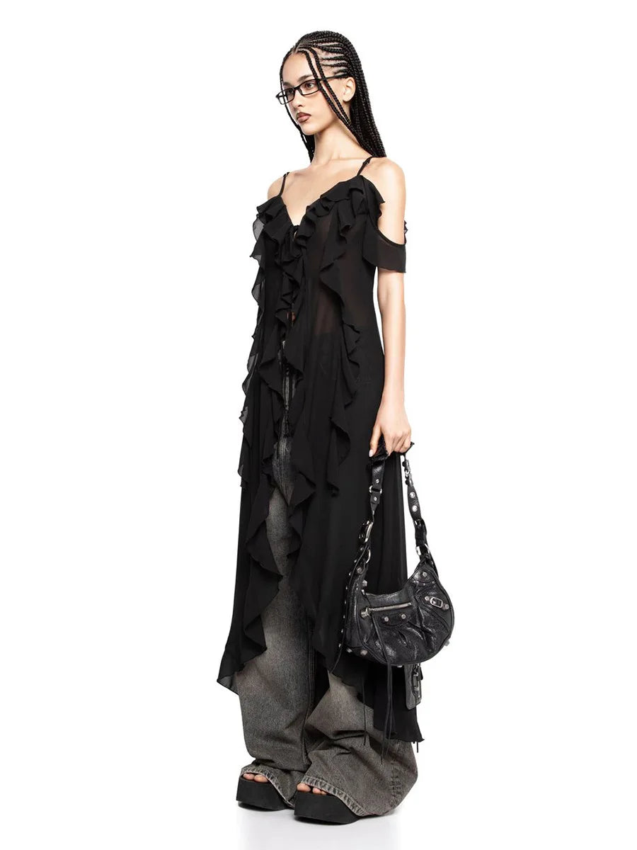 Ruffle V-neck Irregular Mesh See Through Sleeveless Chic Mid-length Dress