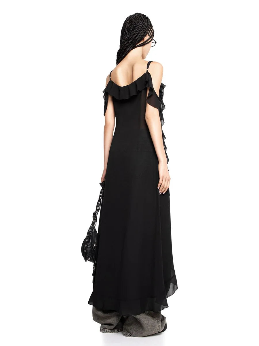 Ruffle V-neck Irregular Mesh See Through Sleeveless Chic Mid-length Dress