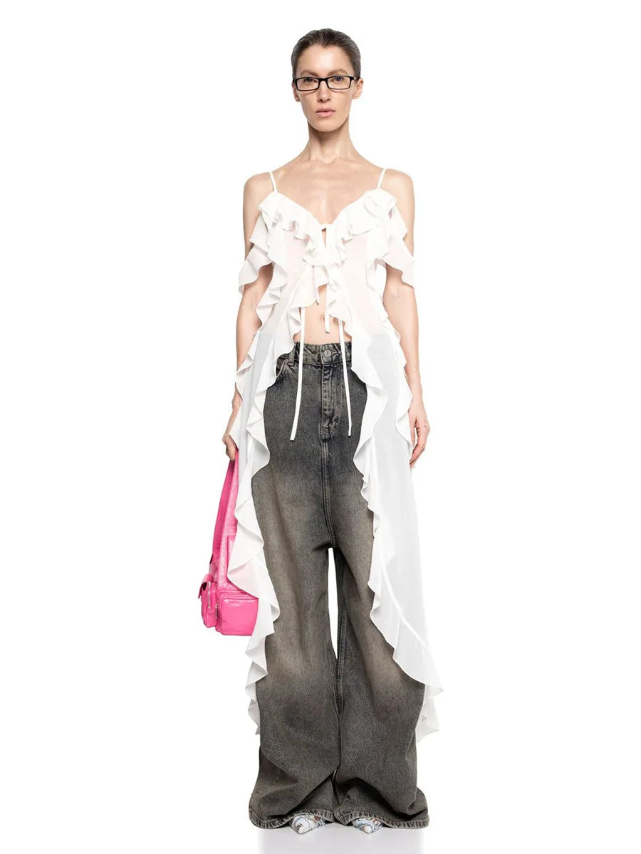 Ruffle V-neck Irregular Mesh See Through Sleeveless Chic Mid-length Dress