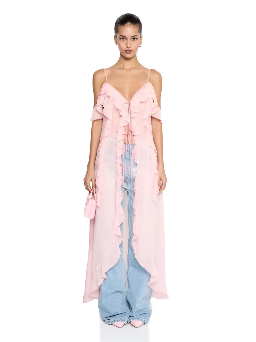 Ruffle V-neck Irregular Mesh See Through Sleeveless Chic Mid-length Dress