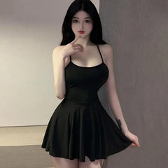 Ruffled Bandage Smooth Uniform Slip Night Club Outfits Allure Backless Pleated Micro Mini Dress