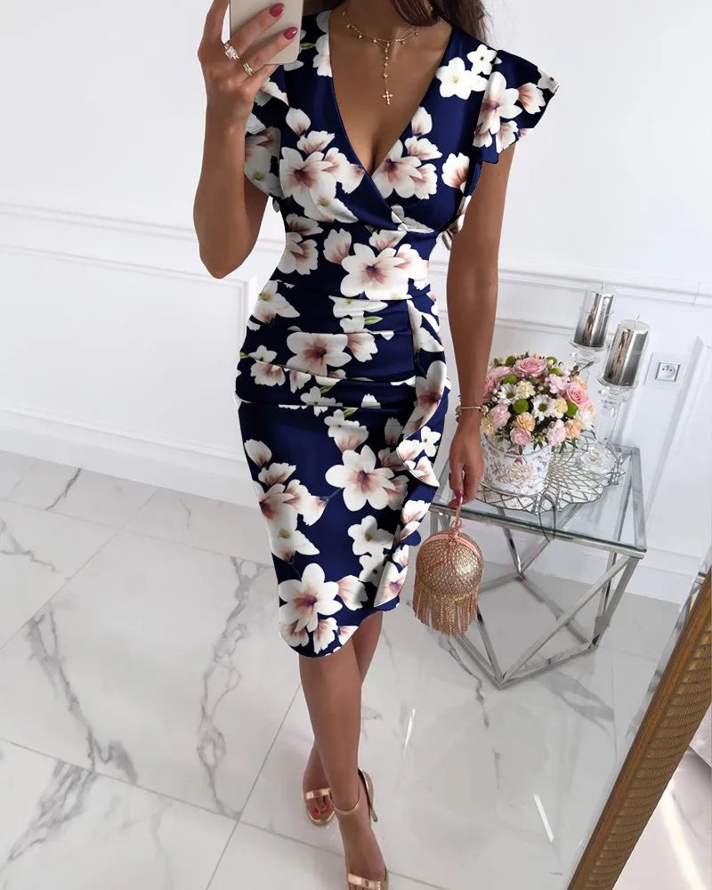 Ruffled Floral Print V-Neck Butterfly Sleeve Party Mid-Length Dress