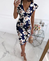 Ruffled Floral Print V-Neck Butterfly Sleeve Party Mid-Length Dress