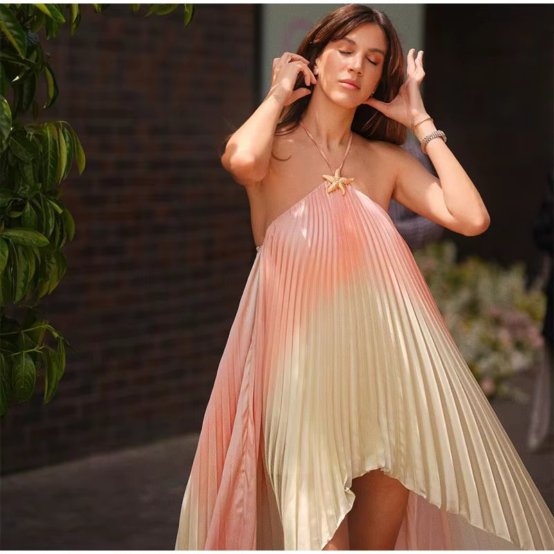 Ruffled Halter Gradient Sleeveless Backless Beach Ball Long Maxi Dresses