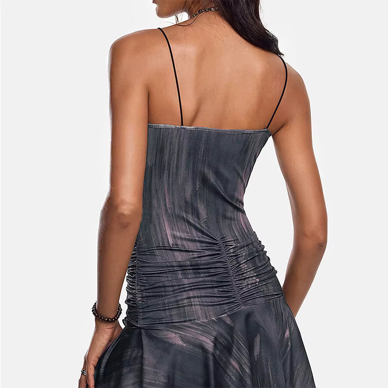 Ruffled Ruched Skinny Split Hollow Out Spaghetti Strap Mini Dress