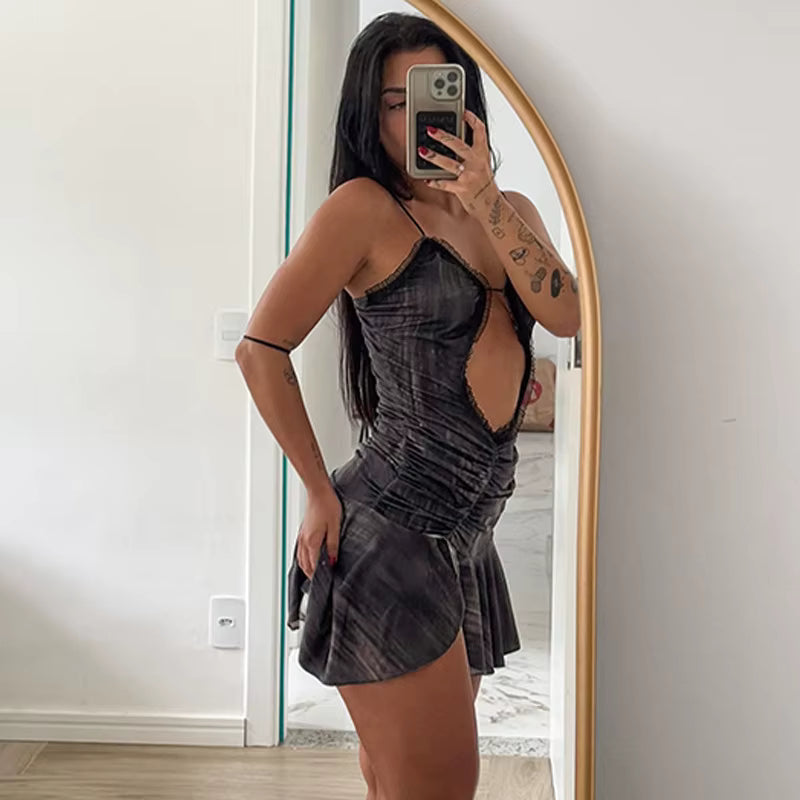 Ruffled Ruched Skinny Split Hollow Out Spaghetti Strap Mini Dress