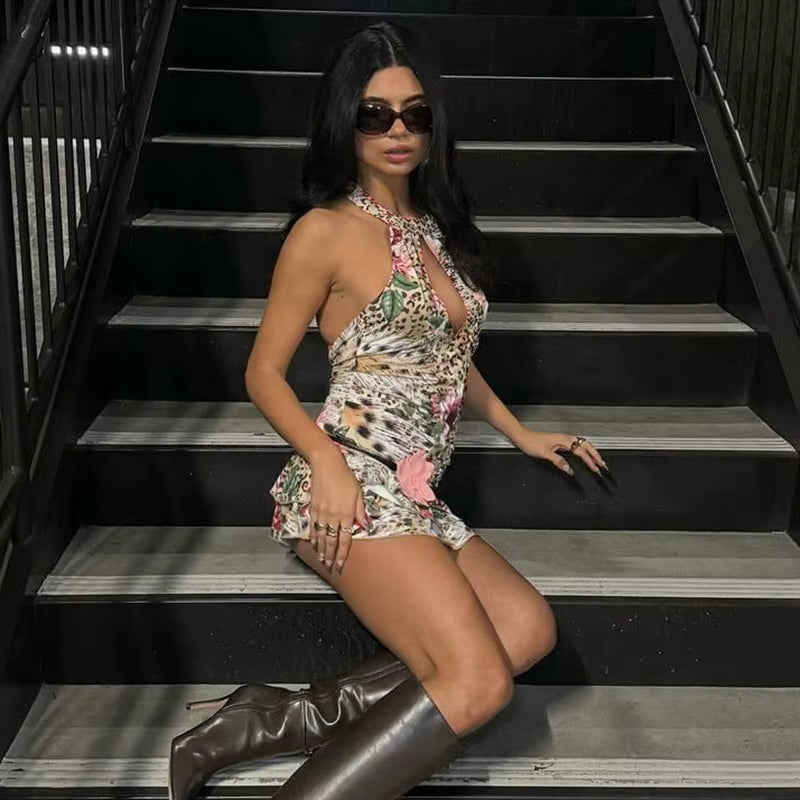 Ruffled Sleeveless Backless High Waist Hollow Out Halter Print Mini Dress