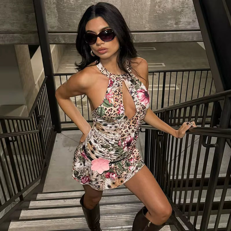 Ruffled Sleeveless Backless High Waist Hollow Out Halter Print Mini Dress