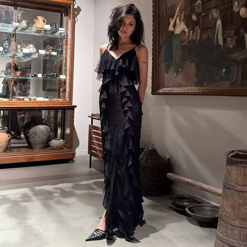 Ruffled Suspender Slit Slim Sleeveless Lace Splice Vacation Long Dress