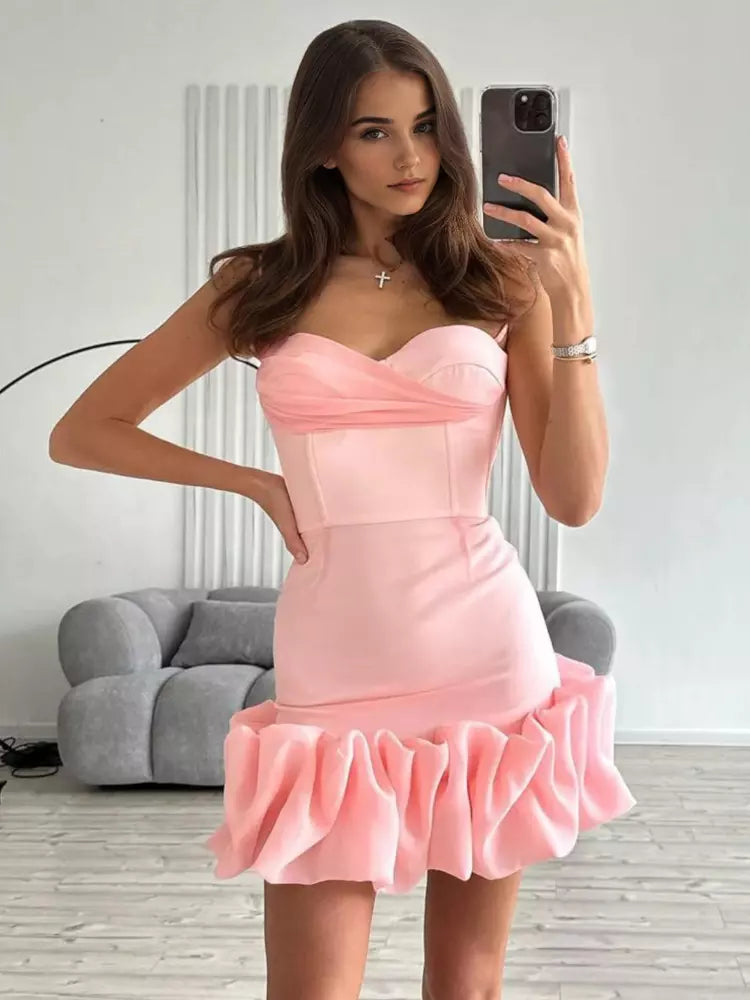 Ruffled Sweetheart Neckline Birthday Party Bodycon Strap Mini Dress