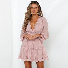 Ruffles Deep V-neck Floral Print A-line Backless Dress