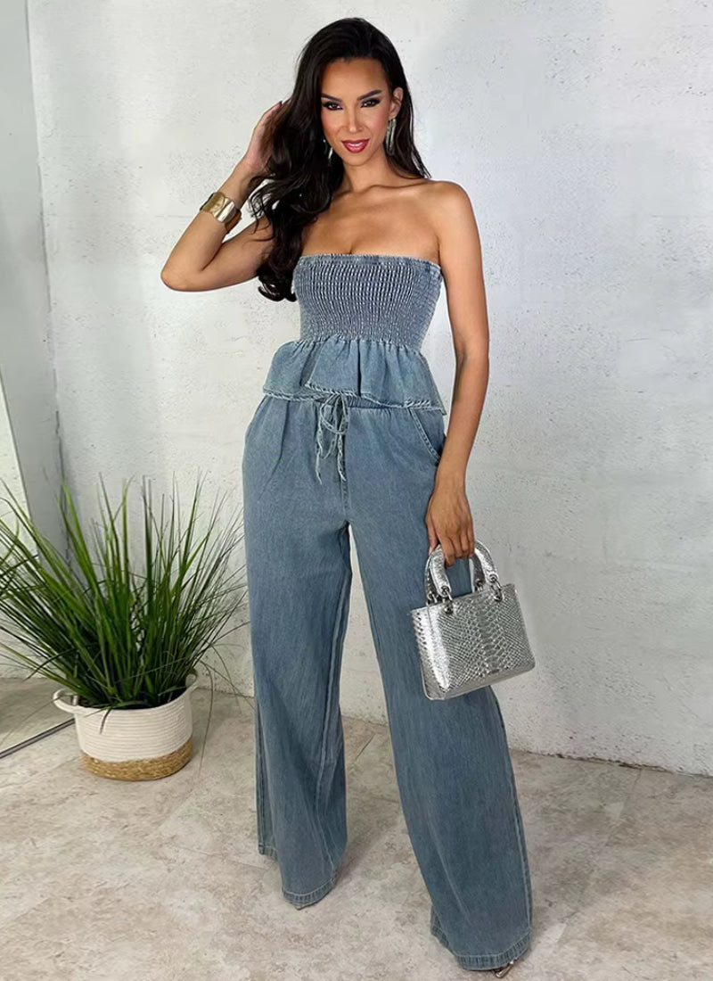 Ruffles Hem Elastic Strapless Crop Tops and Wide Leg Jeans Two Pieces Pants Set