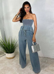 Ruffles Hem Elastic Strapless Crop Tops and Wide Leg Jeans Two Pieces Pants Set