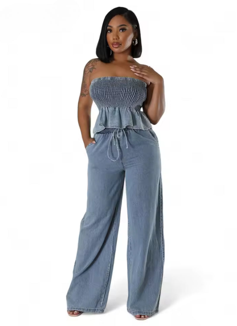 Ruffles Hem Elastic Strapless Crop Tops and Wide Leg Jeans Two Pieces Pants Set