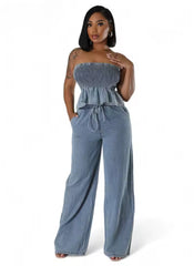 Ruffles Hem Elastic Strapless Crop Tops and Wide Leg Jeans Two Pieces Pants Set