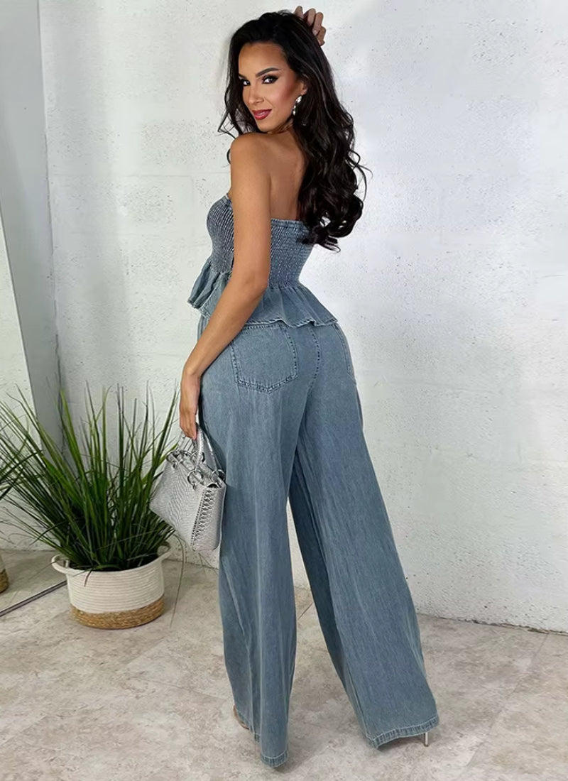 Ruffles Hem Elastic Strapless Crop Tops and Wide Leg Jeans Two Pieces Pants Set