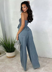 Ruffles Hem Elastic Strapless Crop Tops and Wide Leg Jeans Two Pieces Pants Set