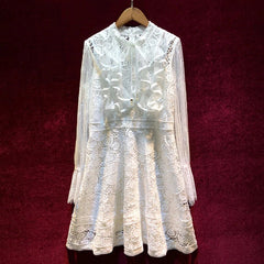 Elegant Ruffles Hollow Out Embroidery Flare Sleeve Runway Lace Mini Dress