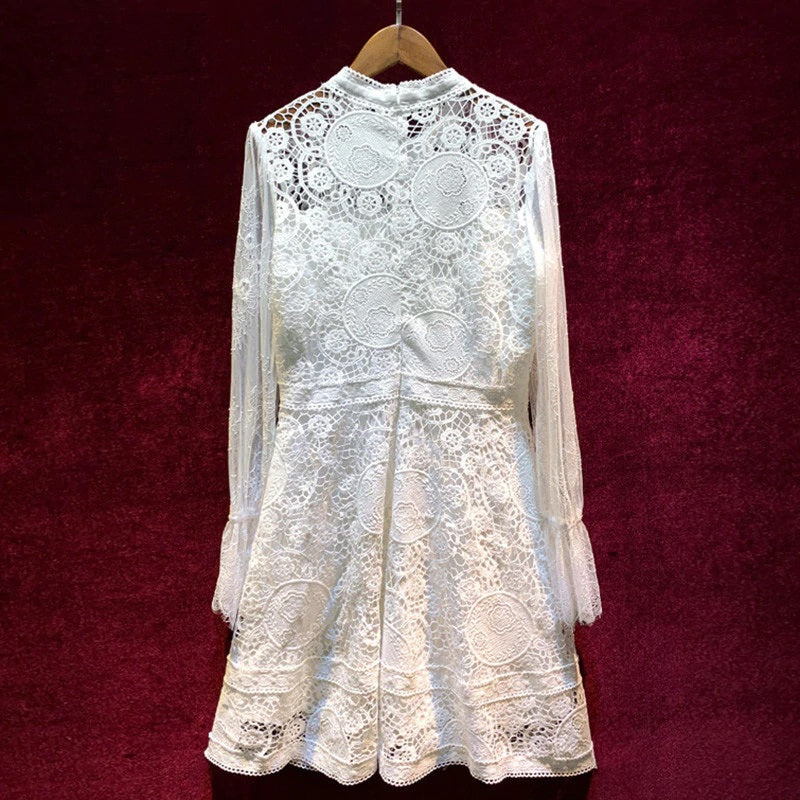 Elegant Ruffles Hollow Out Embroidery Flare Sleeve Runway Lace Mini Dress