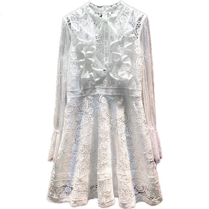 Elegant Ruffles Hollow Out Embroidery Flare Sleeve Runway Lace Mini Dress