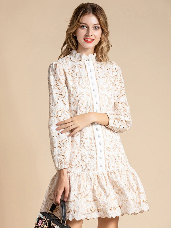 Ruffles Lantern Sleeve Hollow Out Single Breasted Lace Mini Dress