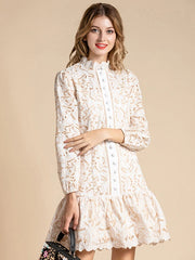 Ruffles Lantern Sleeve Hollow Out Single Breasted Lace Mini Dress