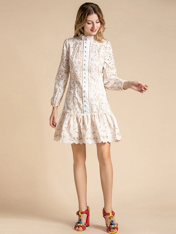 Ruffles Lantern Sleeve Hollow Out Single Breasted Lace Mini Dress