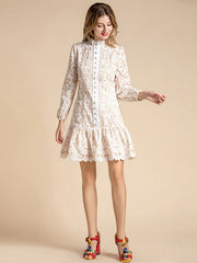 Ruffles Lantern Sleeve Hollow Out Single Breasted Lace Mini Dress
