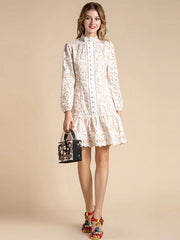 Ruffles Lantern Sleeve Hollow Out Single Breasted Lace Mini Dress