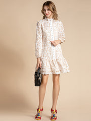 Ruffles Lantern Sleeve Hollow Out Single Breasted Lace Mini Dress