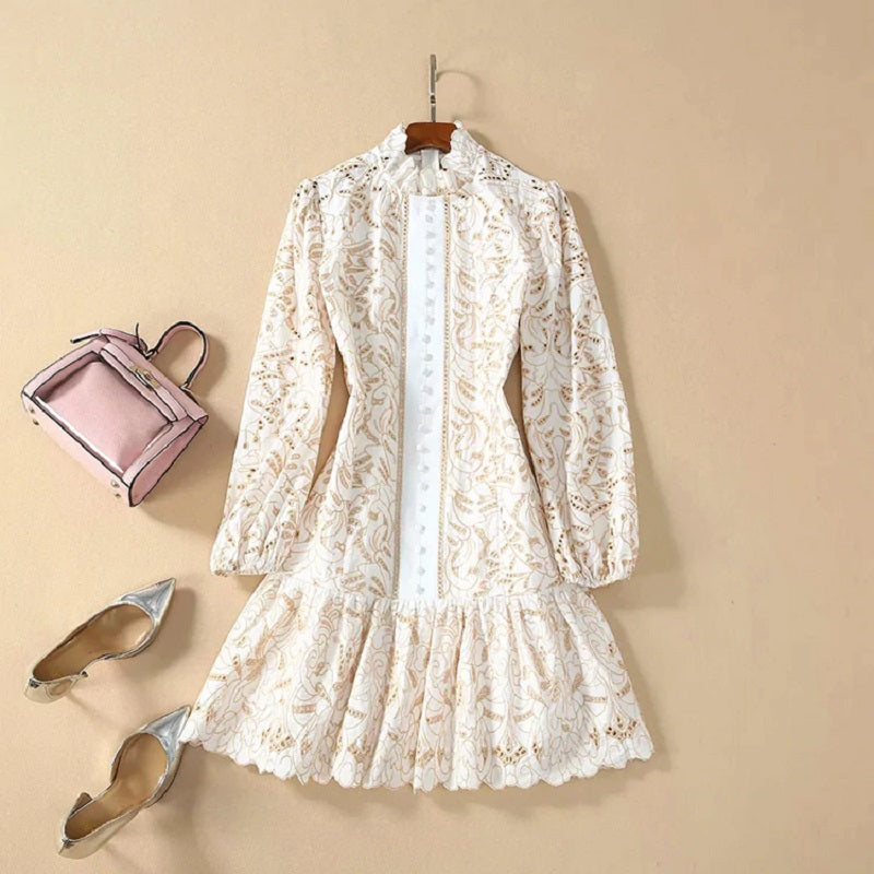 Ruffles Lantern Sleeve Hollow Out Single Breasted Lace Mini Dress
